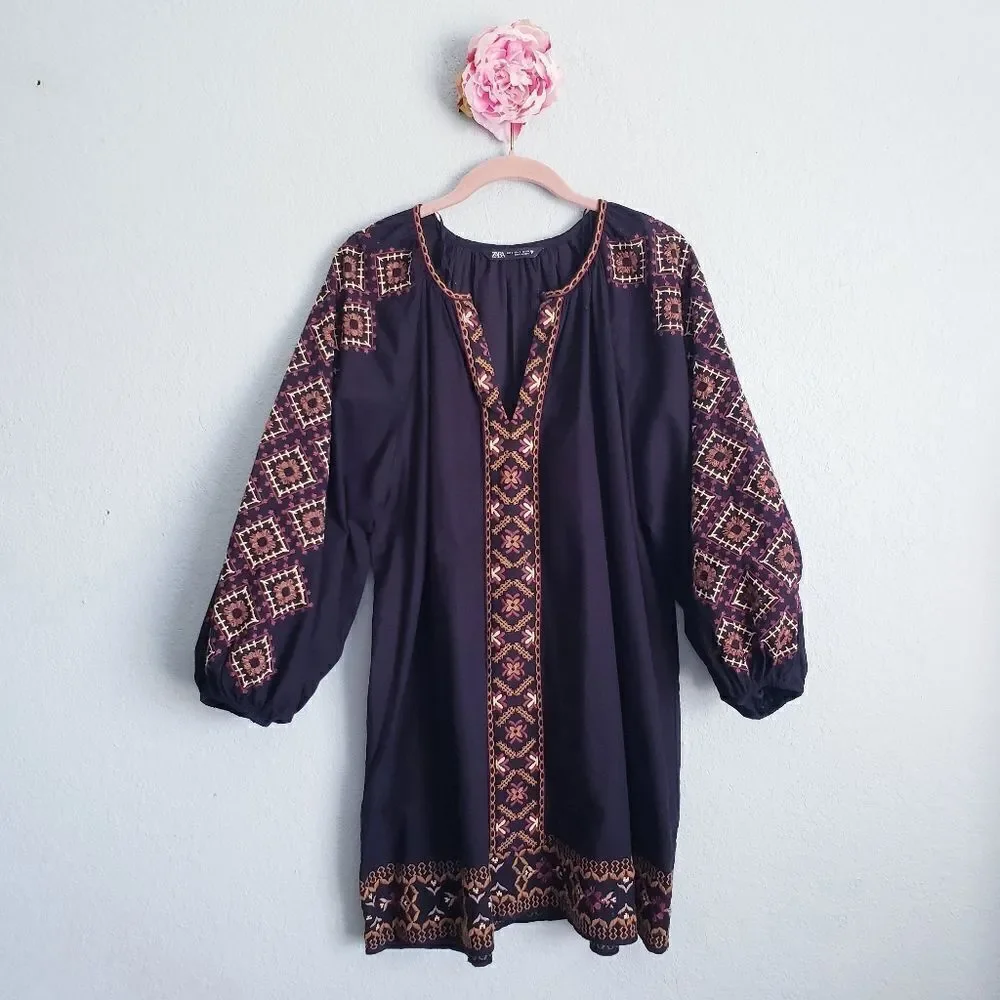 Zara Black Embroidered Balloon Sleeve Linen Dress